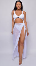 Skyros White Mesh Maxi Wrap Cover-Up Skirt full length front view on model