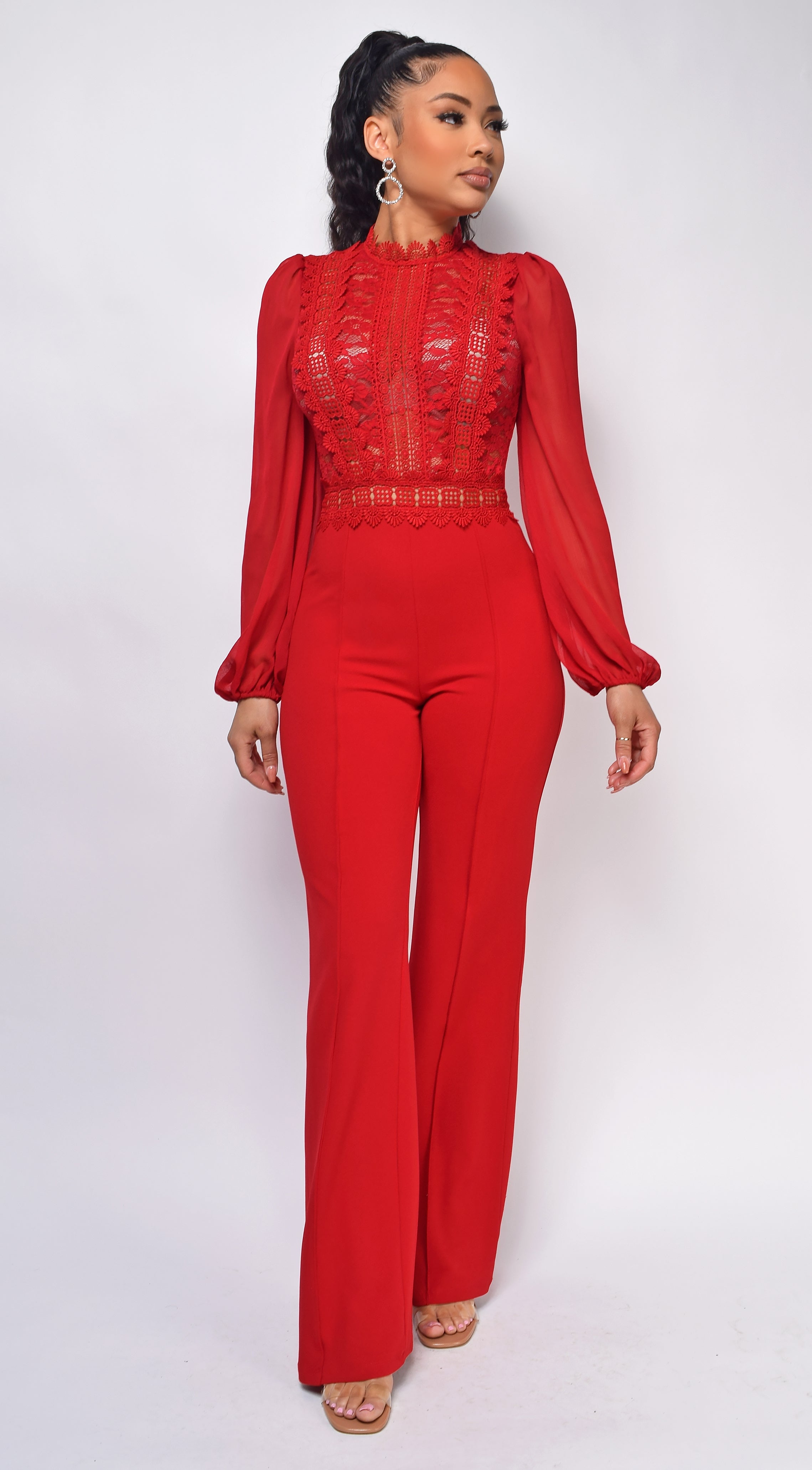 Nerine Red Crochet Lace Mesh Jumpsuit