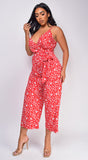 All This Time Red White Floral Print Surplice Jumpsuit