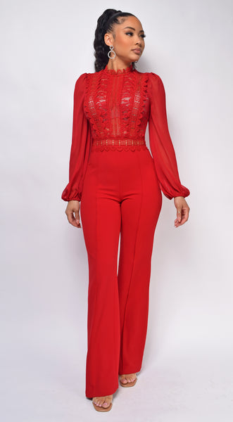Nerine Crochet Lace Mesh Jumpsuit Red | Emprada