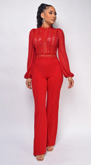 Nerine Crochet Lace Mesh Jumpsuit - Red