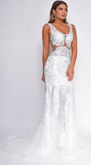Flynn White Beaded Gown close-up of fabric and construction