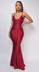 Mavin Burgundy Red V Neck Low Back Gown close-up of neckline detail