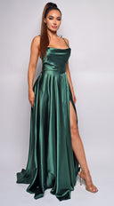 Penelope Green Emerald Drape Neck Slit Satin Gown close-up of satin fabric