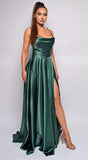Penelope Green Emerald Drape Neck Slit Satin Gown
