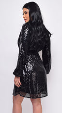 Cordelia Black Sequin Belted Long Sleeve Midi Dress close-up of sequin detailing