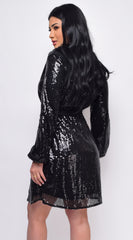 Cordelia Black Sequin Belted Long Sleeve Midi Dress
