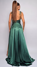 Penelope Green Emerald Drape Neck Slit Satin Gown back view on model