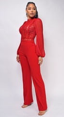 Nerine Crochet Lace Mesh Jumpsuit - Red
