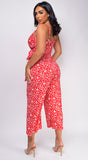 All This Time Red White Floral Print Surplice Jumpsuit