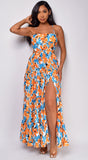 Corinne Blue Orange Floral Print Maxi Dress