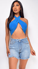 Ivana Blue Wrap Halter Neck Crop Top full length front view on model