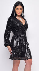 Cordelia Black Sequin Belted Long Sleeve Midi Dress full length front view on model