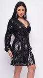 Cordelia Black Sequin Belted Long Sleeve Midi Dress