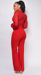 Nerine Crochet Lace Mesh Jumpsuit - Red