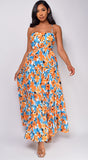 Corinne Blue Orange Floral Print Maxi Dress