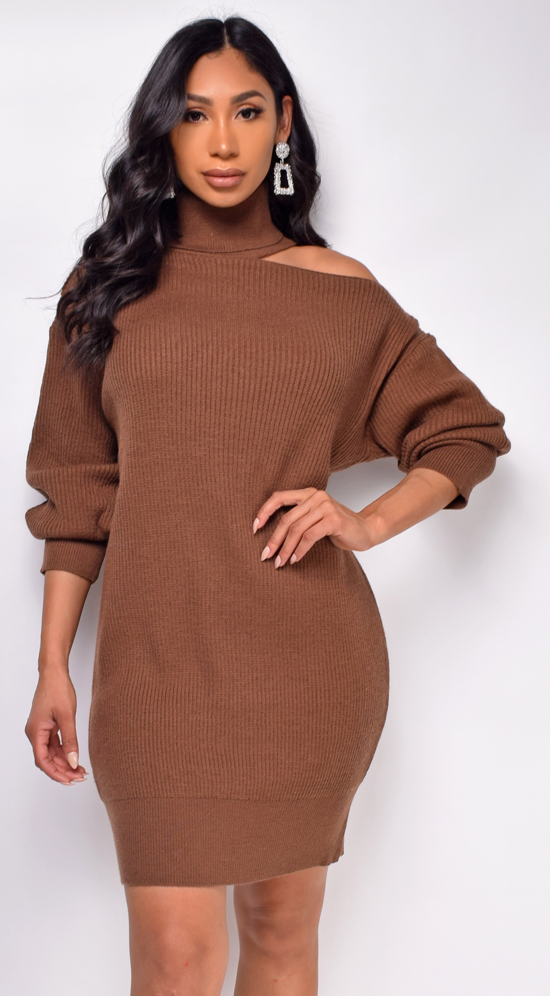 Tory Brown Cut Out Shoulder Sweater Dress