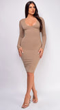 Megan Beige Basic V Neck Midi Dress