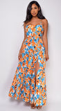 Corinne Blue Orange Floral Print Maxi Dress