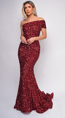 Elena Red One Shoulder Sequin Gown back view on model