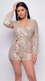 Tempo Rose Gold Sequin Long Sleeve Belted Romper