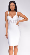Casella White V Neck Bustier Mesh Bandage Dress full length front view on model
