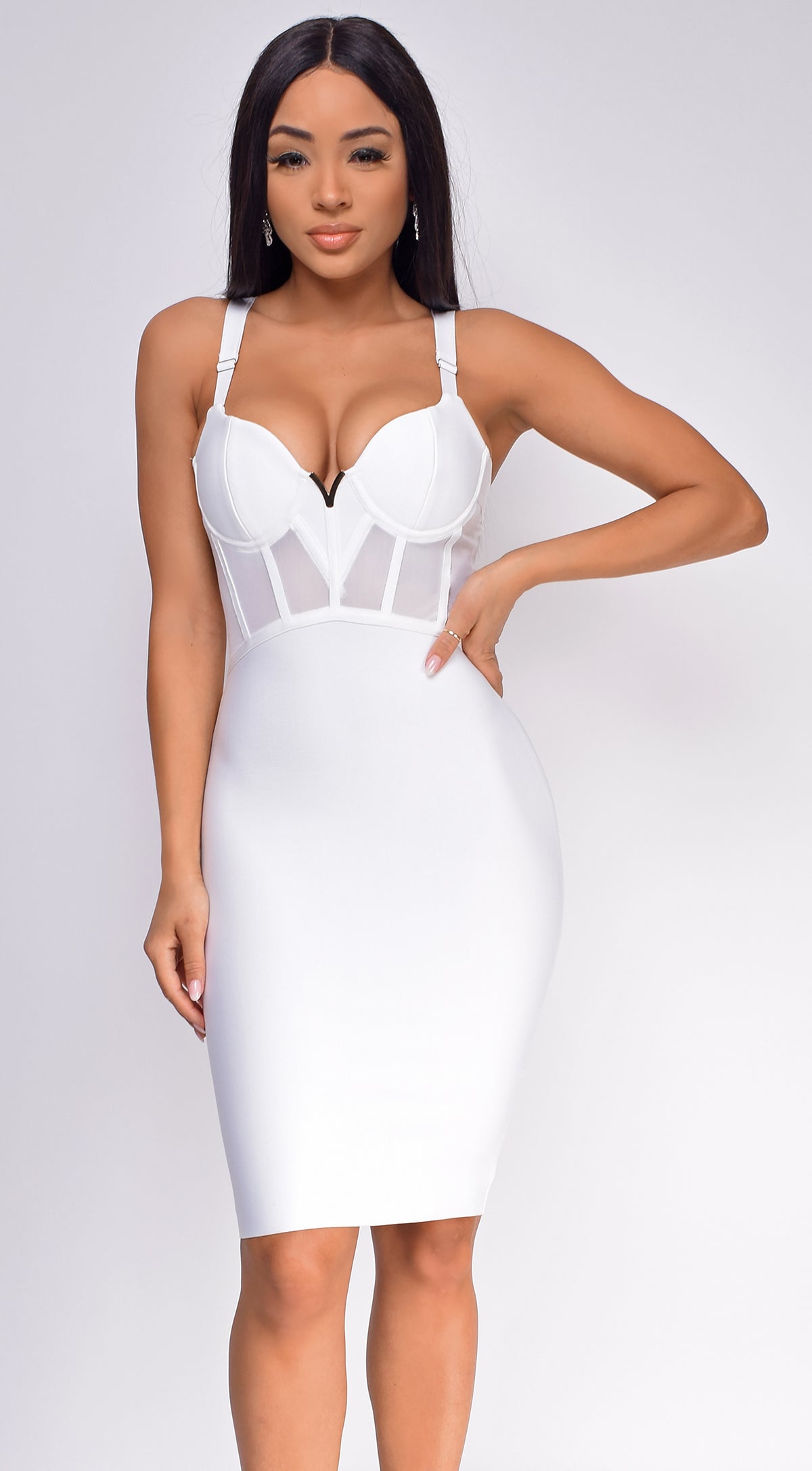 Casella White V Neck Bustier Mesh Bandage Dress