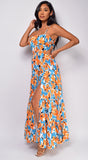 Corinne Blue Orange Floral Print Maxi Dress