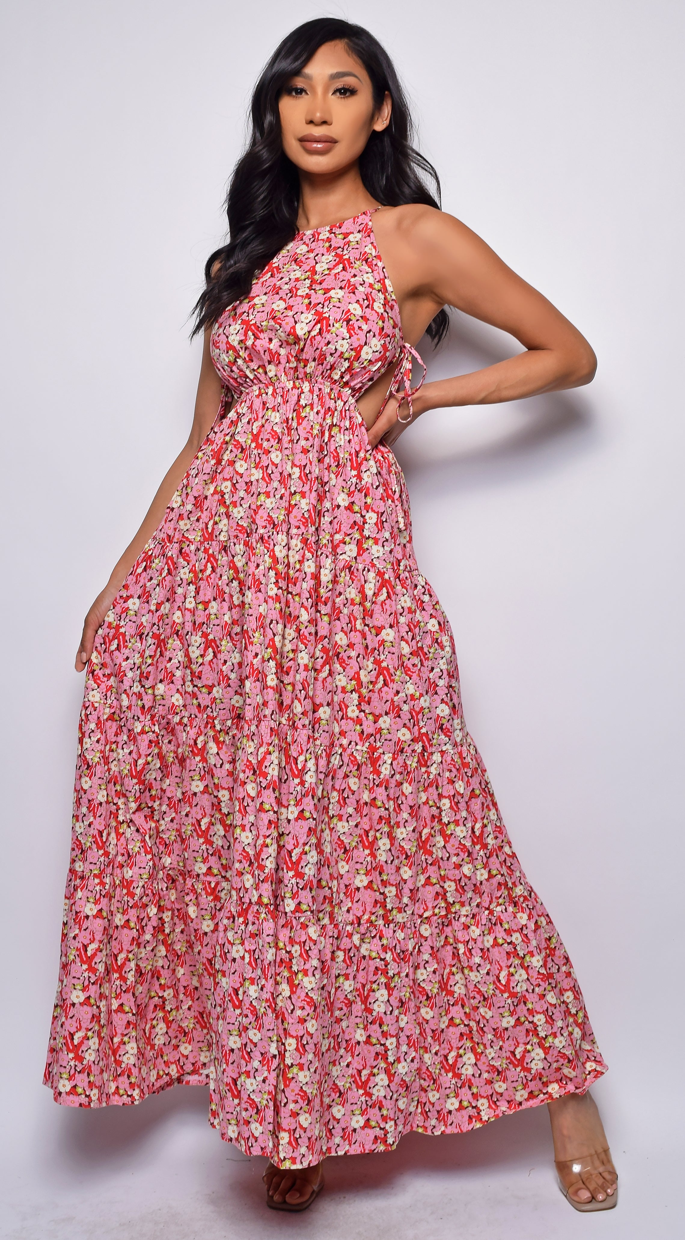 Ramani Red Pink Floral Print Maxi Dress