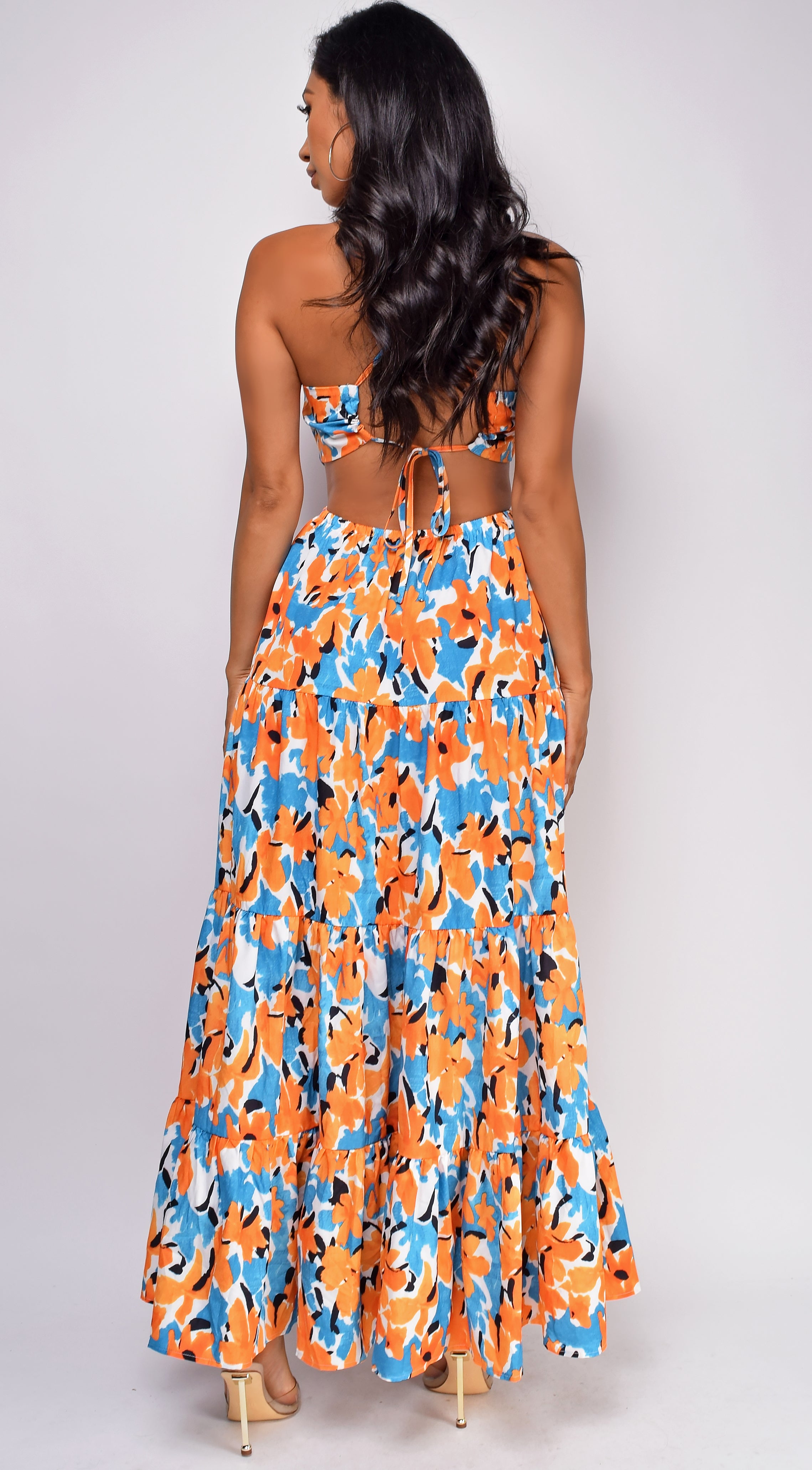 Corinne Blue Orange Floral Print Maxi Dress