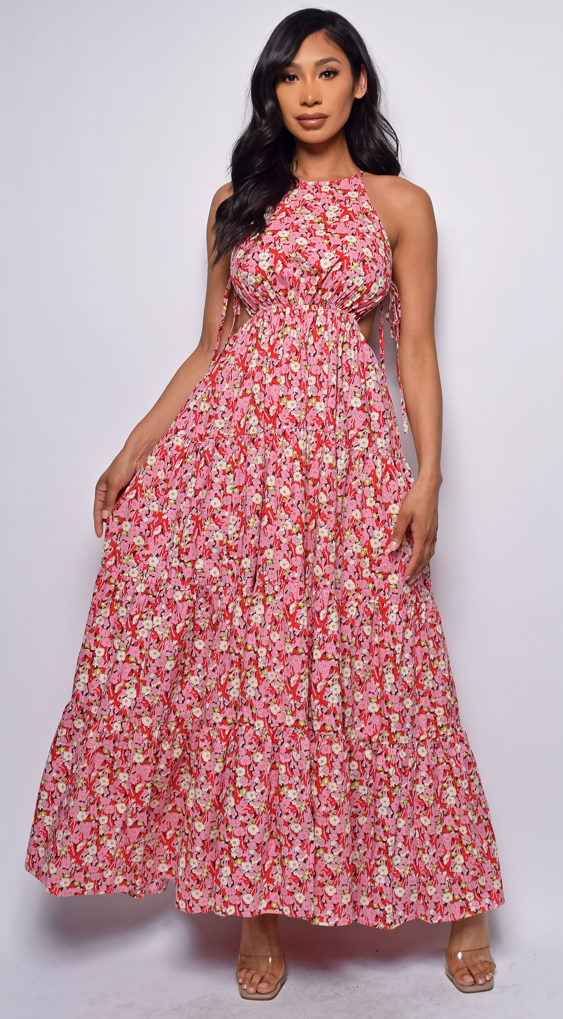 Ramani Red Pink Floral Print Maxi Dress