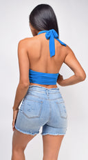 Ivana Blue Wrap Halter Neck Crop Top close-up of wrap construction