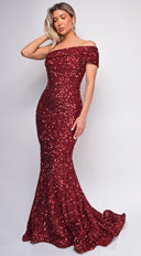 Elena Red One Shoulder Sequin Gown full length front view on model