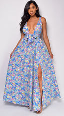 Maylah Blue Floral Print Maxi Dress back view on model