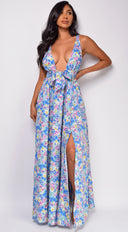 Maylah Blue Floral Print Maxi Dress full length front view on model
