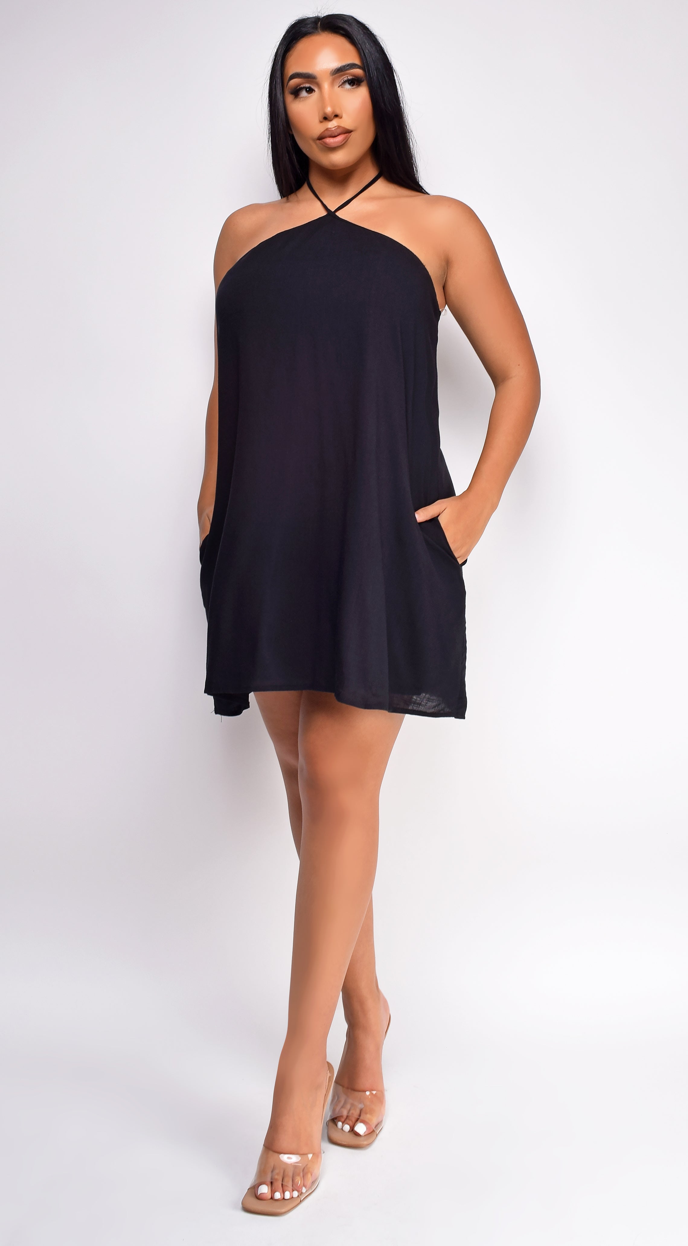 Kaia Black Halter Flowy Mini Dress