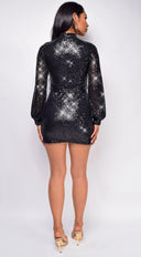 Heavenly Black Sequin Long Sleeve Mock Neck Belted Mini Dress