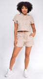 Chenille Sand Beige Crop Hoodie And Short Set