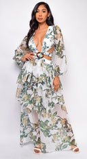 Elle White Green Floral Maxi Dress full length front view on model
