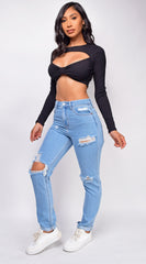 Ashlyn Black Cut Out Long Sleeve Crop Top