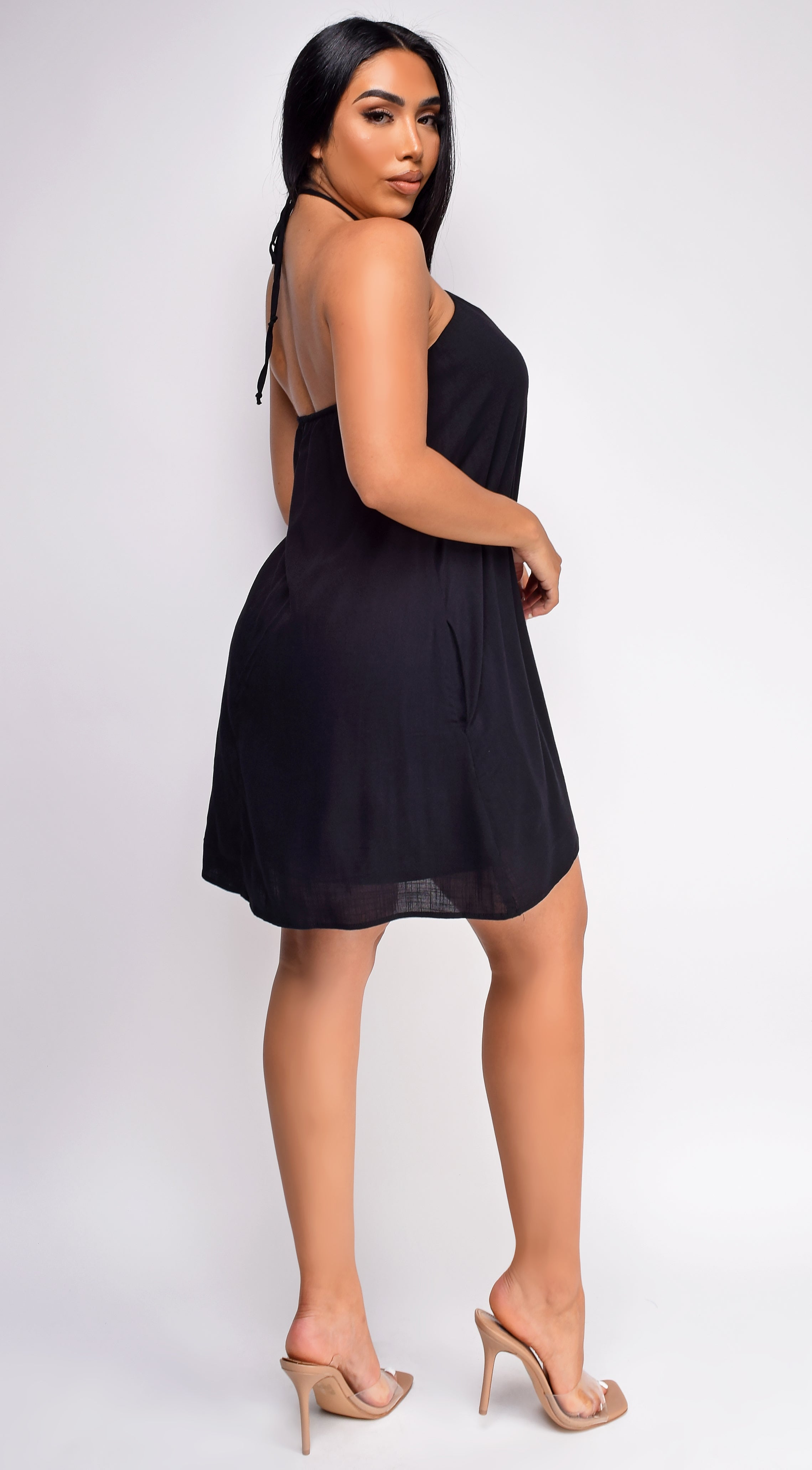 Kaia Black Halter Flowy Mini Dress