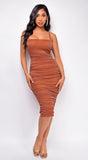Novara Brown Sparkle Mesh Ruched Dress