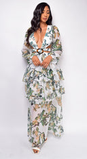 Elle White Green Floral Maxi Dress back view on model