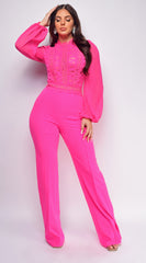 Nerine Crochet Lace Mesh Jumpsuit - Ultra Pink