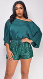 Journey Hunter Green Off Shoulder Satin Sequin Romper