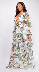 Elle White Green Floral Maxi Dress close-up of floral print