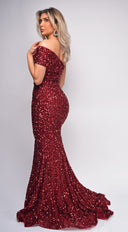 Elena Red One Shoulder Sequin Gown close-up of sequin detailing