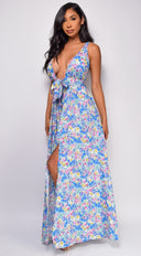 Maylah Blue Floral Print Maxi Dress styled outfit flat lay