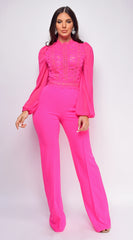 Nerine Crochet Lace Mesh Jumpsuit - Ultra Pink