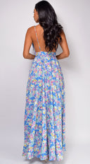 Maylah Blue Floral Print Maxi Dress side profile view on model